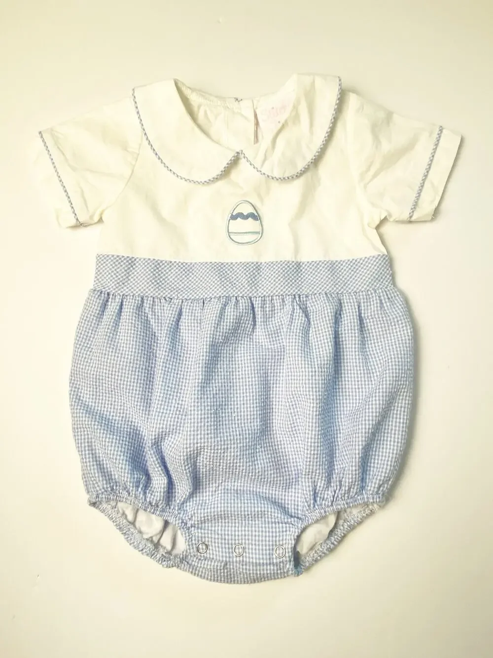 Sticky Fish Easter Egg White Blue Gingham 100% Cotton Romper Infant Size 12M